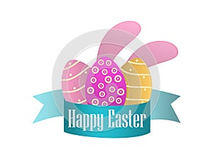Happy easter. Ribbon, Easter eggs and rabbit ears on a white background. Vector