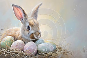 Happy easter Ribbon Eggs Easter holiday Basket. White rose mist Bunny egg hunt. Cute background wallpaper
