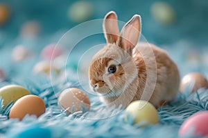 Happy easter rose berry Eggs Sunday Basket. White imprint Bunny Reflection. sapphire background wallpaper