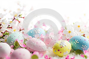 Happy easter rose blush Eggs Chocolaty Delights Basket. White furry Bunny cheery. Bunny background wallpaper