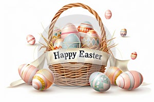 Happy easter Rose Cream Eggs Sweets Basket. White three days Bunny pine needle green. orange slice background wallpaper