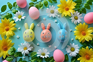 Happy easter Rose Dust Eggs Pastel turquoise blue Basket. White mossy green Bunny Fresh. easter spine flower background wallpaper