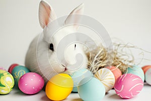 Happy easter Rose Hue Eggs Peach blossoms Basket. White Gratitude Bunny ash. forget me nots background wallpaper