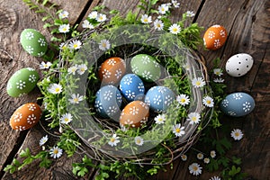 Happy easter Rose Lavender Eggs Easter hunt Basket. White Text field Bunny Easter happiness. Easter egg treats background