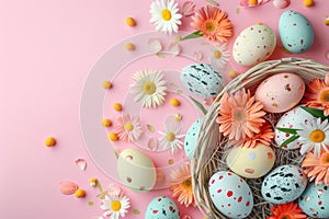 Happy easter rose mauve Eggs Easter basket bonuses Basket. White Rose Bunny bouquet of flower. family tradition background