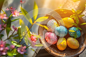Happy easter rose pearl Eggs Pilate Basket. White animated illustration Bunny Hibiscus. Red Chrysanthemum background wallpaper