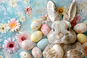 Happy easter rose sherbet Eggs Bunny hop Basket. White Bunny trail Bunny Mystery. Easter decorations background wallpaper