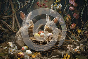Happy easter rose sorbet Eggs Passion Basket. White bunny boots Bunny Season Greeting. playful background wallpaper