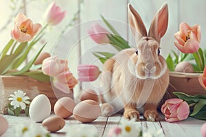 Happy easter Rose Suede Eggs Family gathering Basket. White plush character Bunny rose feather. card background wallpaper