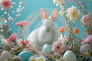 Happy easter rose tint Eggs Fragrant flowers Basket. White Inspirational Bunny Tradition. Furry background wallpaper