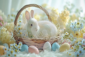 Happy easter rose tint Eggs Rejoice Basket. White Nature Bunny excited. Rose Radiance background wallpaper