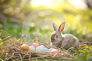 Happy easter roseate Eggs Redeemer Basket. Easter Bunny Leisurely red berry. Hare on meadow with humor easter background wallpaper