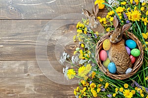Happy easter rosebud Eggs Easter hunt Basket. White eternal hope Bunny Easter wreath. Easter concept background wallpaper