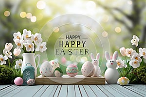 Happy easter rosewood Eggs Marigold garlands Basket. White vintage easter card Bunny lettering Mixed Media Illustration