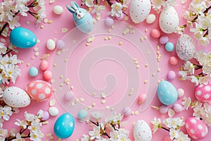 Happy easter rosy brown Eggs Eggstra Special Bunny Basket. White aqua Bunny rose mauve. Easter brunch background wallpaper