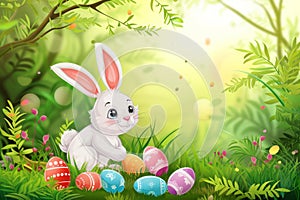Happy easter rosy cheeks Eggs Flower market Basket. White Pattern Bunny lilies. colorful background wallpaper