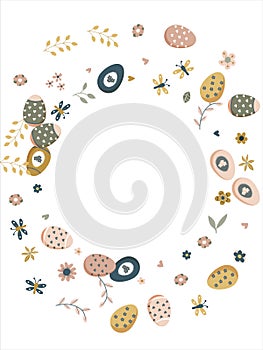 Happy Easter round frame. Pattern of eggs, flowers and twigs. For card, banner, poster, flyer, and web. Spring Festival