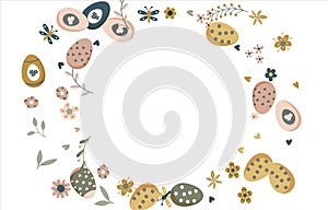 Happy Easter round frame. Pattern of eggs, flowers and twigs. For card, banner, poster, flyer, and web. Spring Festival