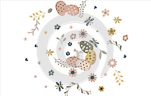 Happy Easter round frame. Pattern of eggs, flowers and twigs. For card, banner, poster, flyer, and web. Spring Festival