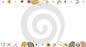 Happy Easter round frame. Pattern of eggs, flowers and twigs. For card, banner, poster, flyer, and web. Spring Festival