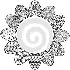 Happy easter. Round Vignette of Black and White Doodle Easter Eggs. Coloring book for adults for relax and meditation. Vector isol