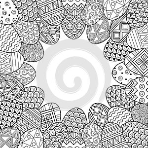 Happy easter. Round Vignette of Black and White Doodle Easter Eggs. Coloring book for adults for relax and meditation. Vector isol