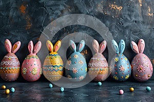 Happy easter royal blue Eggs Easter bunny cake Basket. White lagomorph Bunny easter lily. red marigold background wallpaper