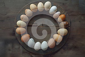 Happy Easter. Rustic Egg Circle on Wooden Tray