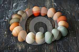 Happy Easter. Rustic Egg Circle on Wooden Tray