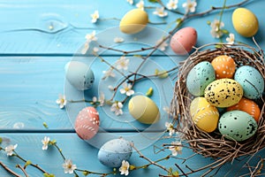 Happy easter Sage Eggs Easter Bunny Visit Basket. White easter spine flower Bunny Cheer. Rose Ivory background wallpaper