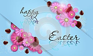 Happy Easter sale background with  beautiful flowers and chocolate eggs. Vector illustration.