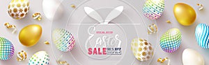 Happy Easter Sale banner.Beautiful Background with colorful eggs and golden serpentine. Vector illustration for website