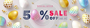 Happy Easter Sale banner.Beautiful Background with colorful eggs and golden serpentine. Vector illustration for website