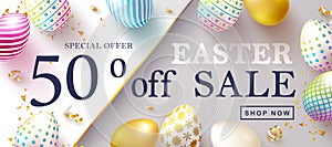 Happy Easter Sale banner.Beautiful Background with colorful eggs and golden serpentine. Vector illustration for website