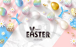 Happy Easter Sale banner.Beautiful Background with colorful eggs, paper bunnies,chamomile and golden serpentine. Vector