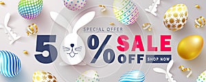 Happy Easter Sale banner.Beautiful Background with colorful eggs, paper bunnies and golden serpentine. Vector