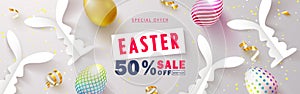 Happy Easter Sale banner.Beautiful Background with colorful eggs, paper bunnies and golden serpentine. Vector