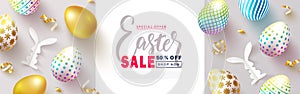 Happy Easter Sale banner.Beautiful Background with colorful eggs, paper bunnies and golden serpentine. Vector