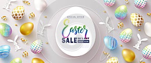 Happy Easter Sale banner.Beautiful Background with colorful eggs, paper bunnies and golden serpentine. Vector