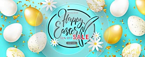 Happy Easter Sale banner.Beautiful Background with Golden and white eggs,chamomiles and serpentine. Vector illustration