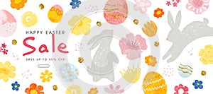 Happy Easter Sale, banner with cute bunnies, flowers and eggs. Vector illustration with hand drawn design elements