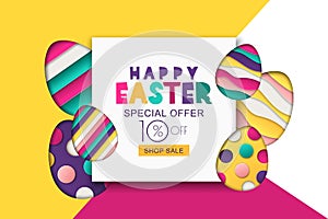 Easter sale banner. Decoration paper cut eggs. Design for holiday flyer, poster, greeting card, party invitation
