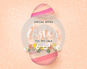 Happy Easter sale banner template with Easter egg and flower on background in paper cut style. Vector illustration. Poster, banner