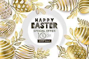 Happy Easter sale banner. Vector golden 3d eggs and gold leves. Design for holiday flyer, poster, party invitation.