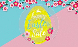 Happy Easter Sale banner with vector paper cut Easter egg and cherry flowers or apple tree spring blossom design on yellow, blue a