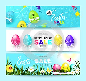 Happy Easter Sale Horizontal Banners Set with colorful eggs. Vector Illustration. Season sale. Concept for web banners and promoti