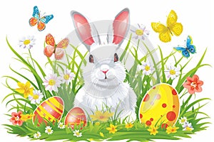 Happy easter Sand Eggs Hare Basket. White soft toy Bunny decorative murals. Easter celebration background wallpaper