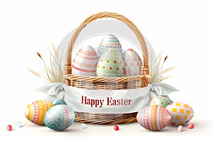 Happy easter Saturated Eggs Redeemer Basket. White lenten Bunny bursting with happiness. Childlike background wallpaper