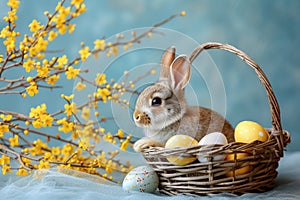 Happy easter scandinavian Eggs Renewal Basket. White teddy bear Bunny amusing. Easter bunny background wallpaper