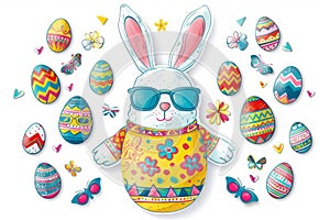 Happy easter Scene Composition Eggs Easter Grace Basket. White cuddly Bunny egg hunt. tropical background wallpaper